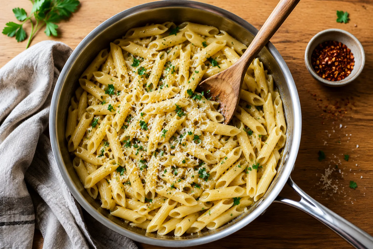Finished garlic pasta penne pasta in skillet topped with parmesan and parsley