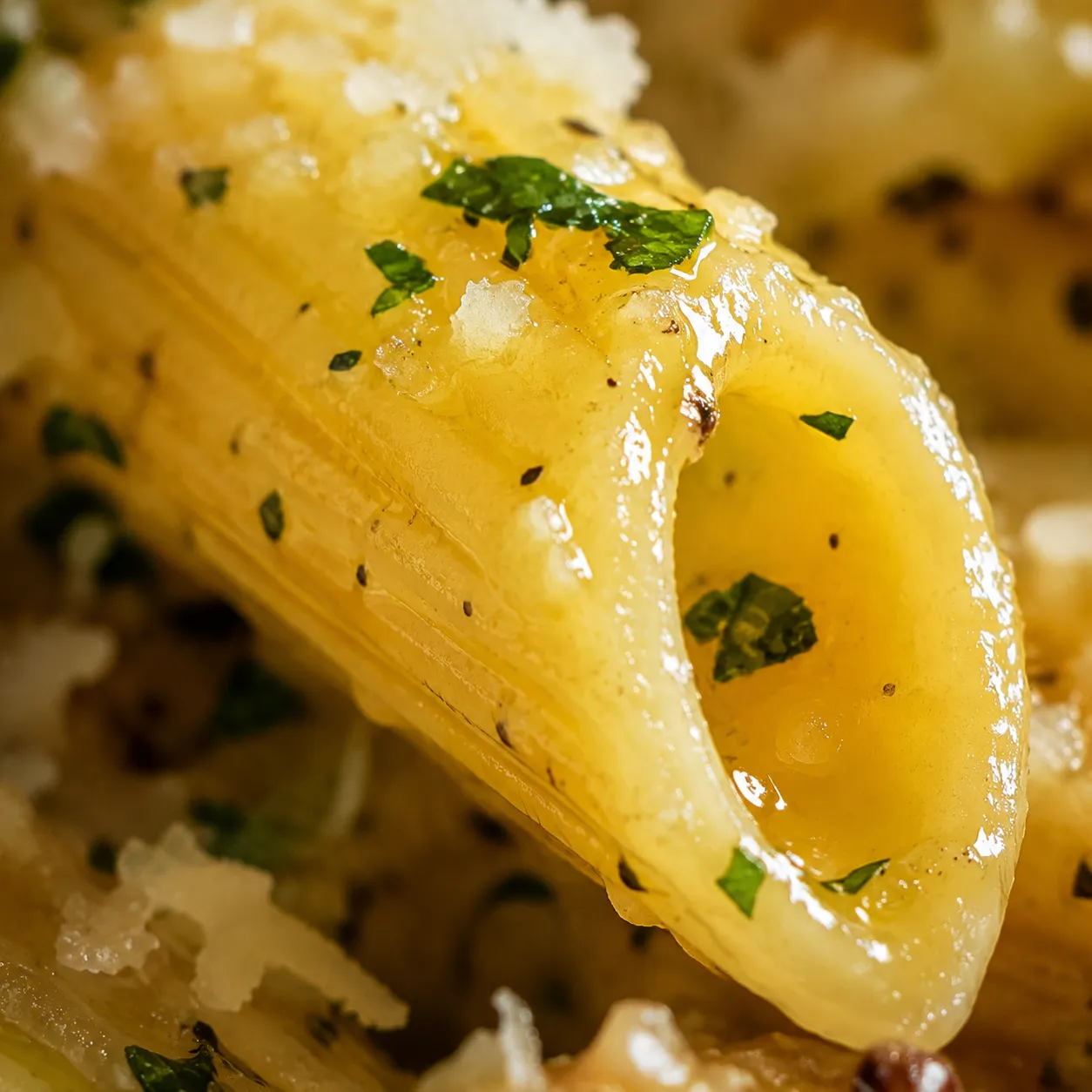 Close up of penne rigate ridges holding garlic butter pasta sauce