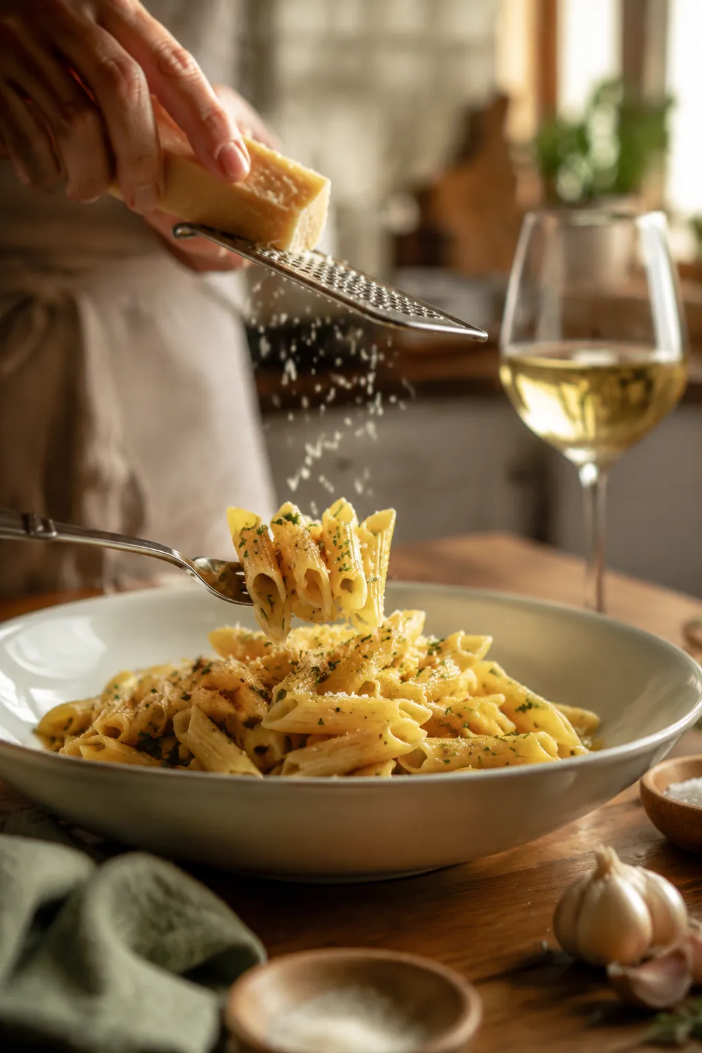 Serving garlic penne pasta with freshly grated parmesan on top