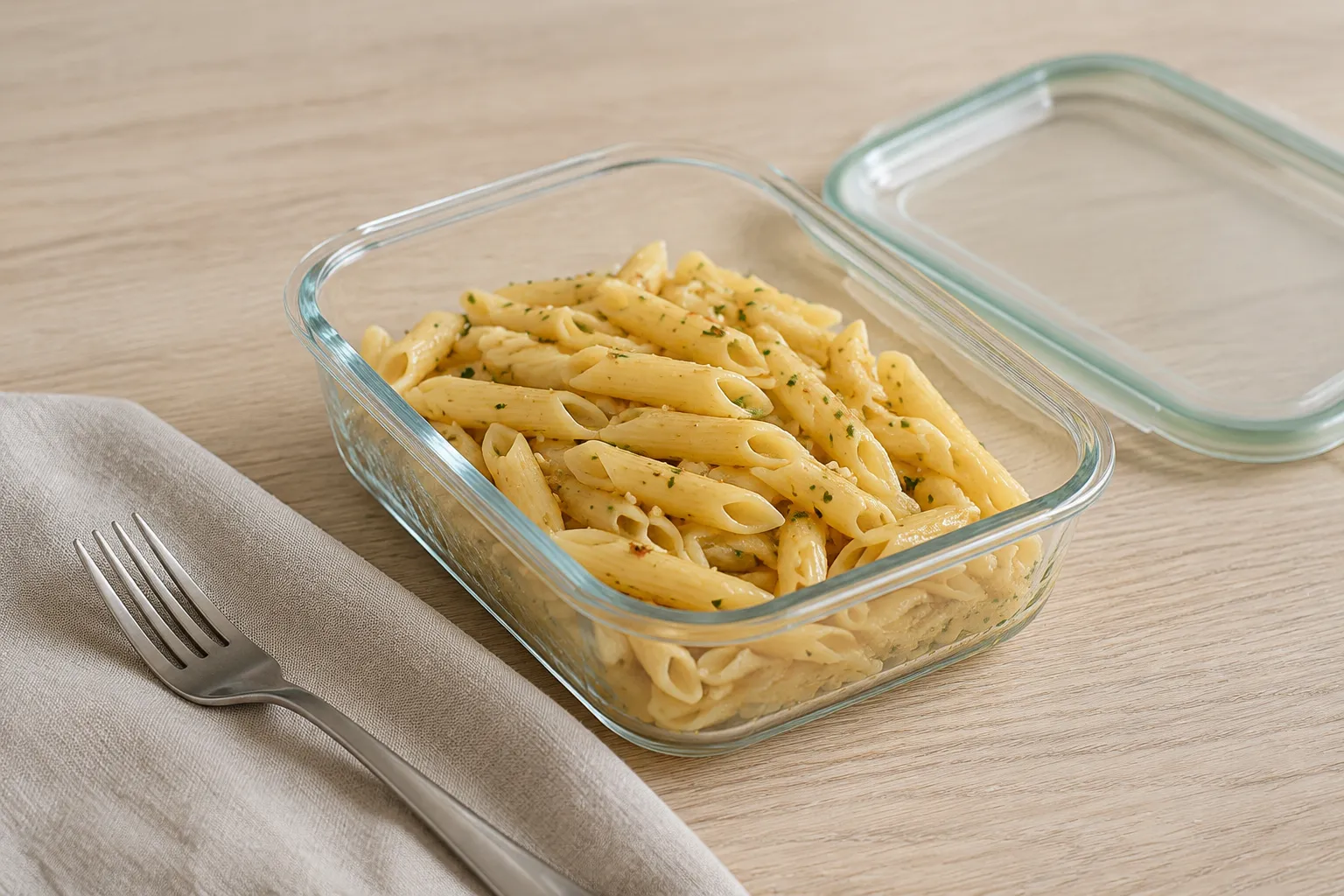 Storing leftover garlic penne pasta in a glass meal prep container