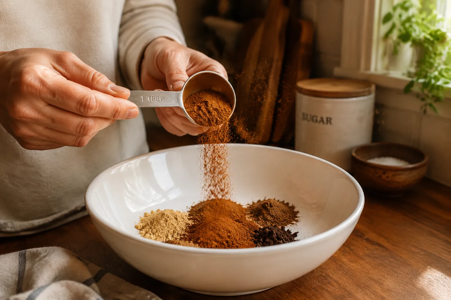 Adding ground cinnamon to a bowl while making homemade pumpkin pie spice