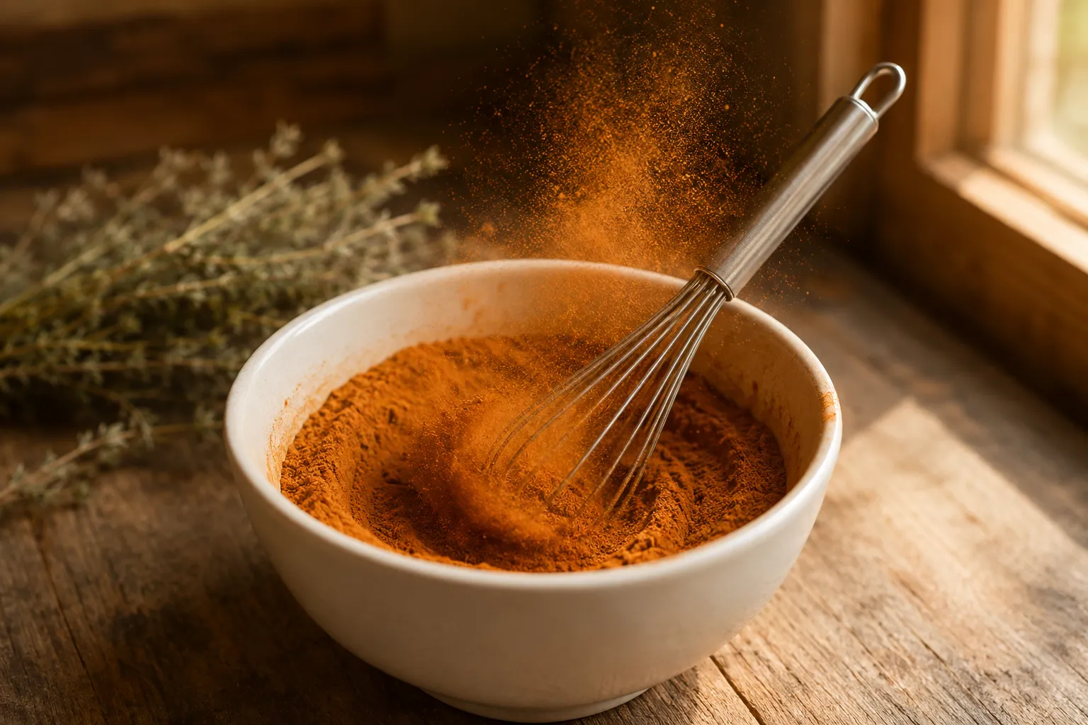 Whisking homemade pumpkin pie spice blend in a white bowl