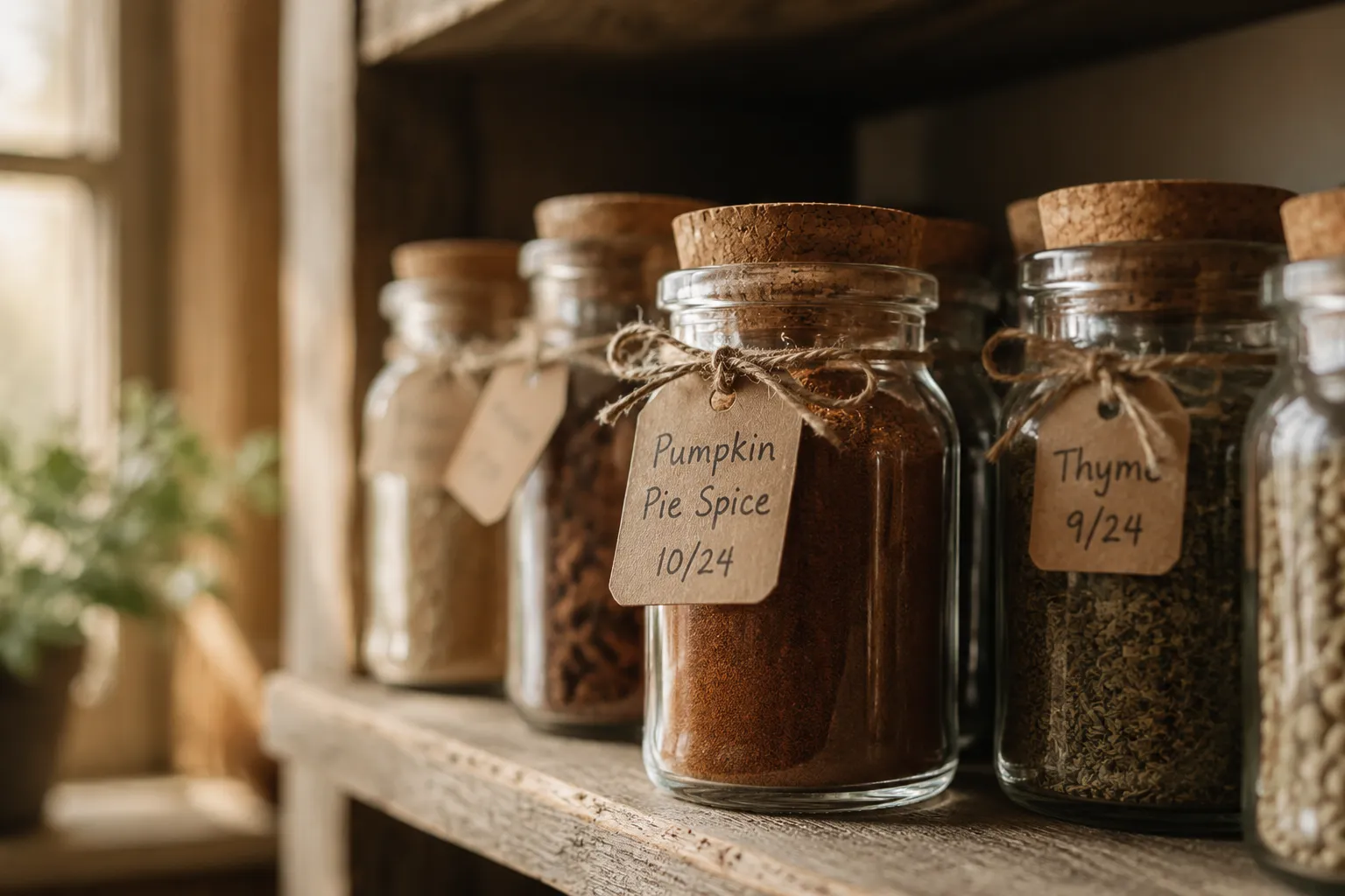 Homemade pumpkin pie spice recipe stored in a labeled glass jar