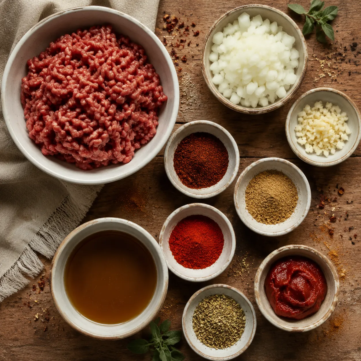 Ingredients for taco meat recipe including ground beef, spices, and tomato paste in bowls.