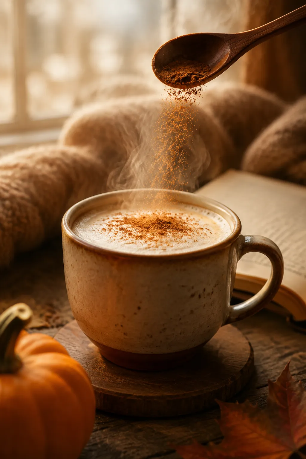 Pumpkin pie spice sprinkled over a homemade pumpkin spice latte