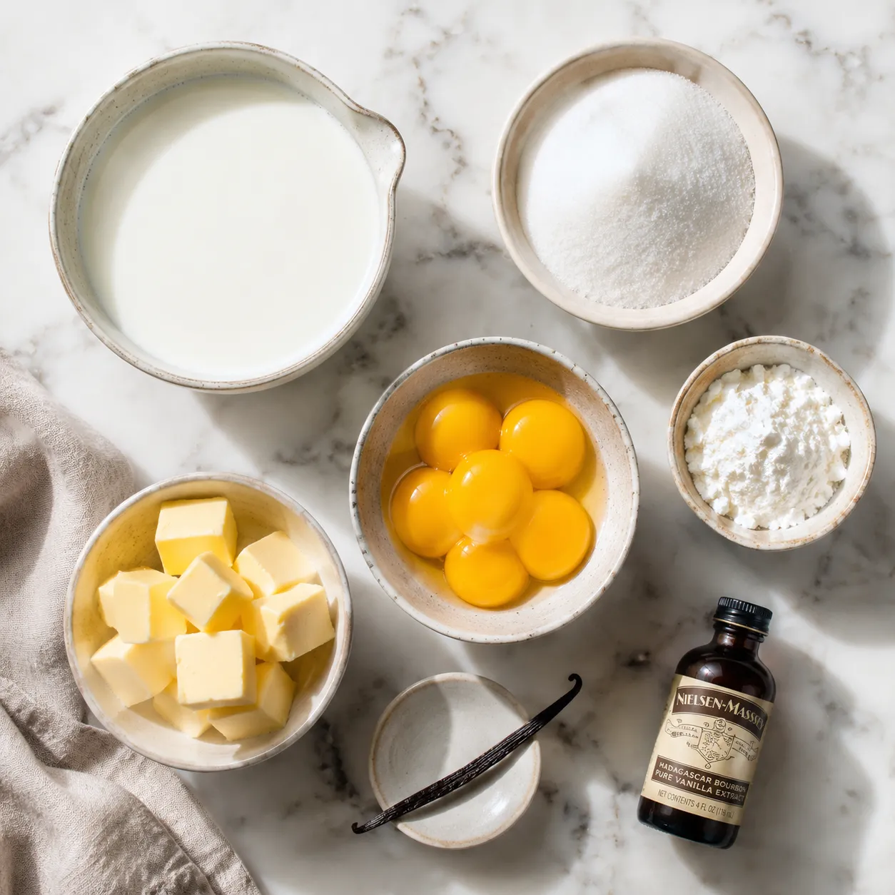 Vanilla pudding recipe ingredients flatlay with milk, sugar, cornstarch, and egg yolks