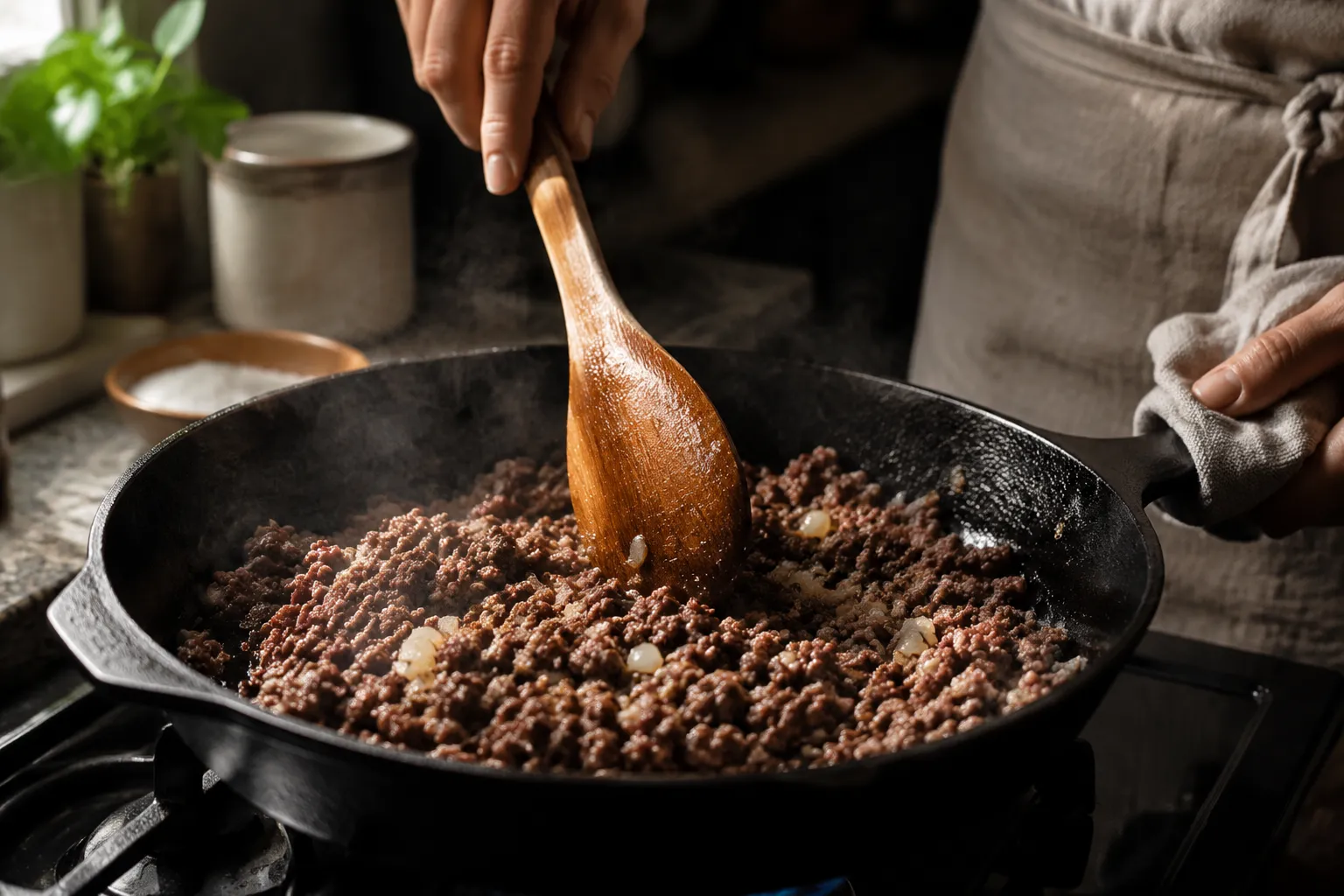 Browning ground beef in a cast iron skillet for taco meat recipe.