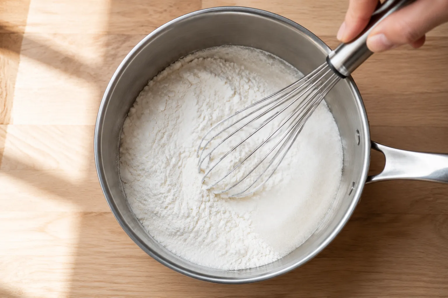 Whisking dry ingredients for homemade pudding in a saucepan