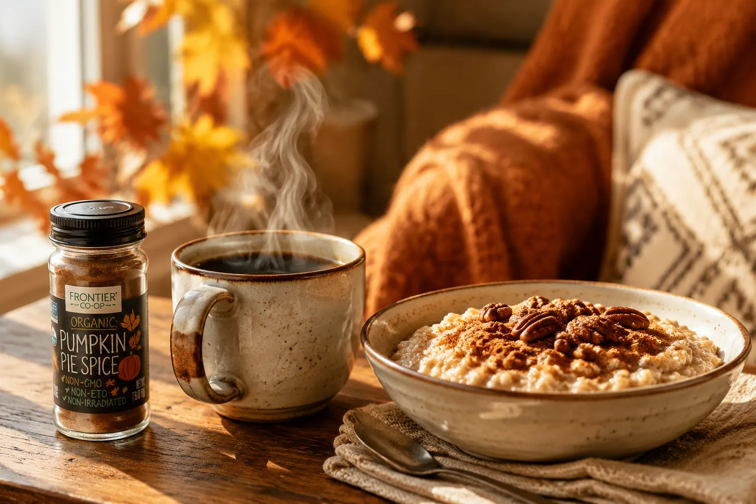 Pumpkin pie spice blend used on oatmeal with coffee in a cozy fall breakfast