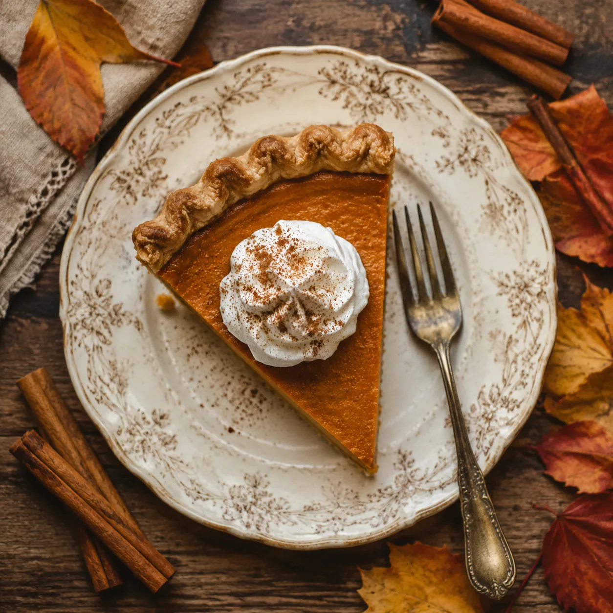 Slice of pumpkin pie with fresh pumpkin topped with homemade pumpkin pie spice