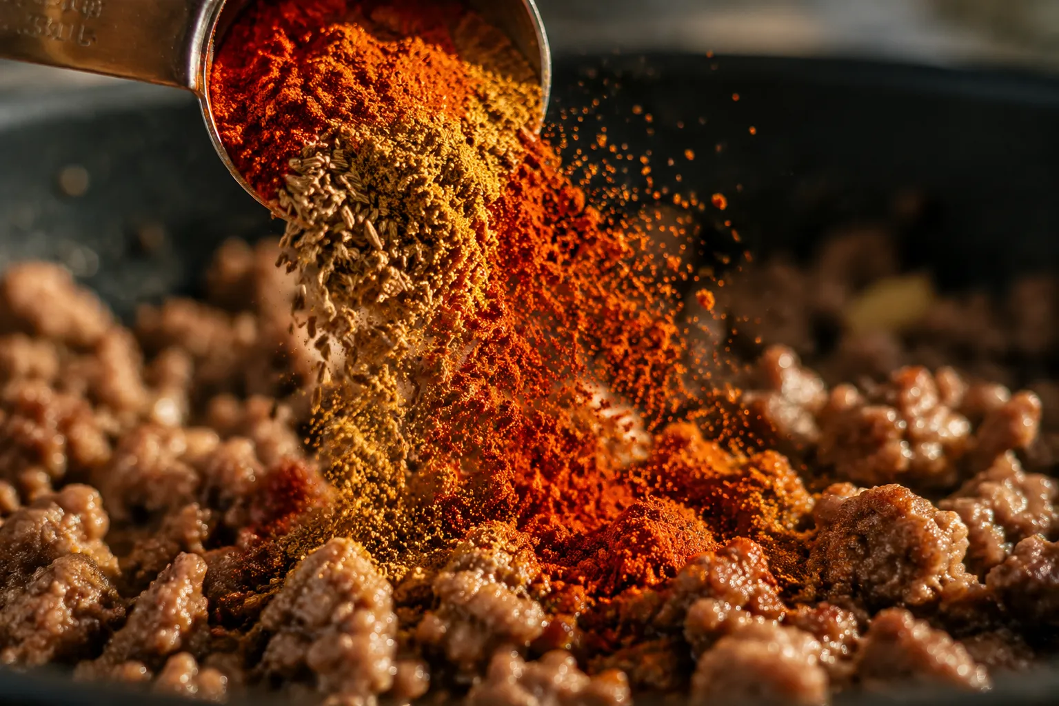 Adding homemade taco seasoning to ground beef for the best taco meat.