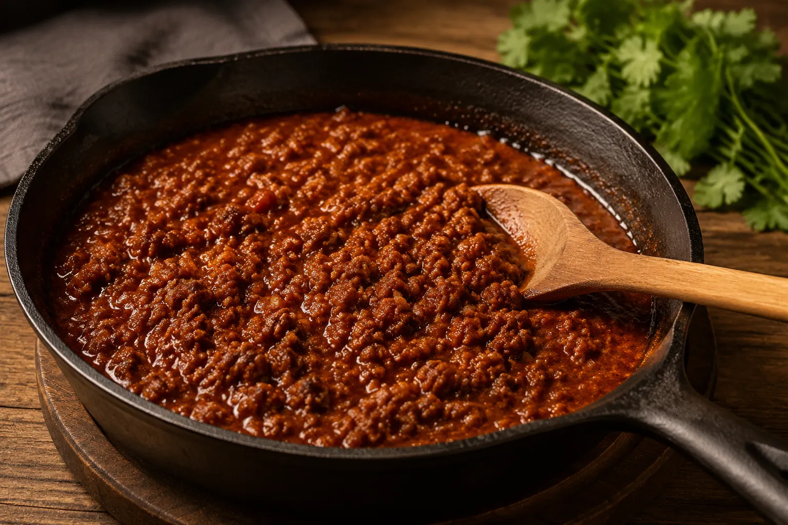 Taco meat simmering with broth and tomato paste in a skillet.