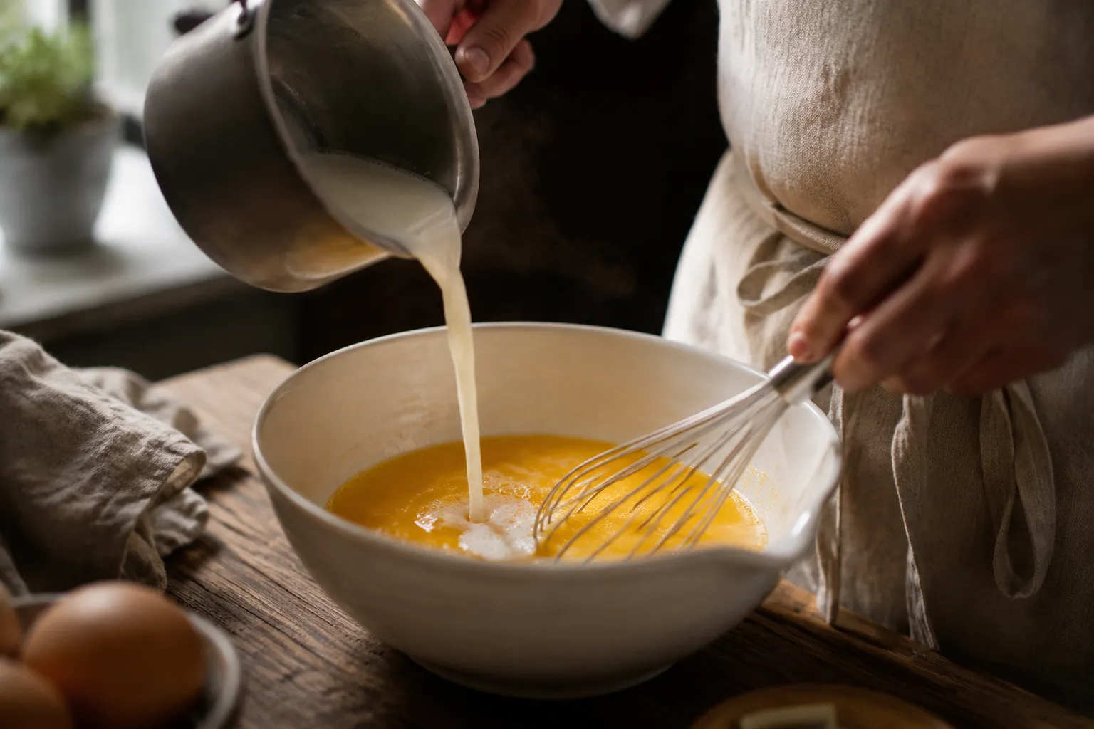 Tempering egg yolks with hot milk for vanilla pudding from scratch