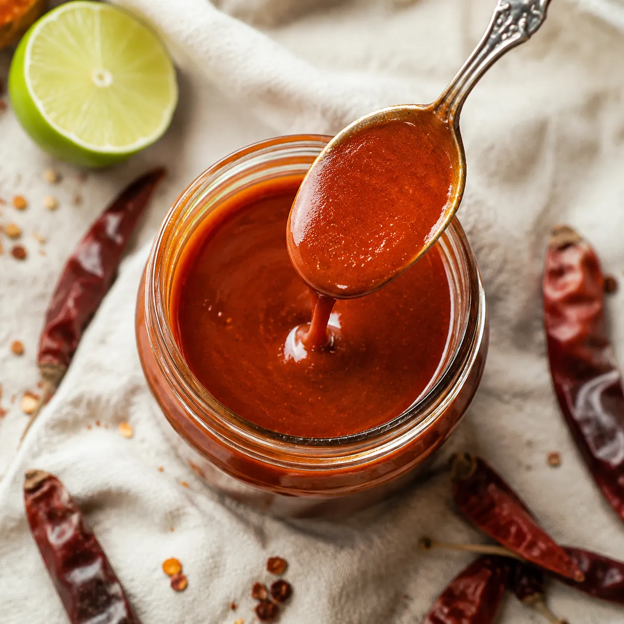 Homemade taco sauce recipe in a small mason jar with a dripping spoon.