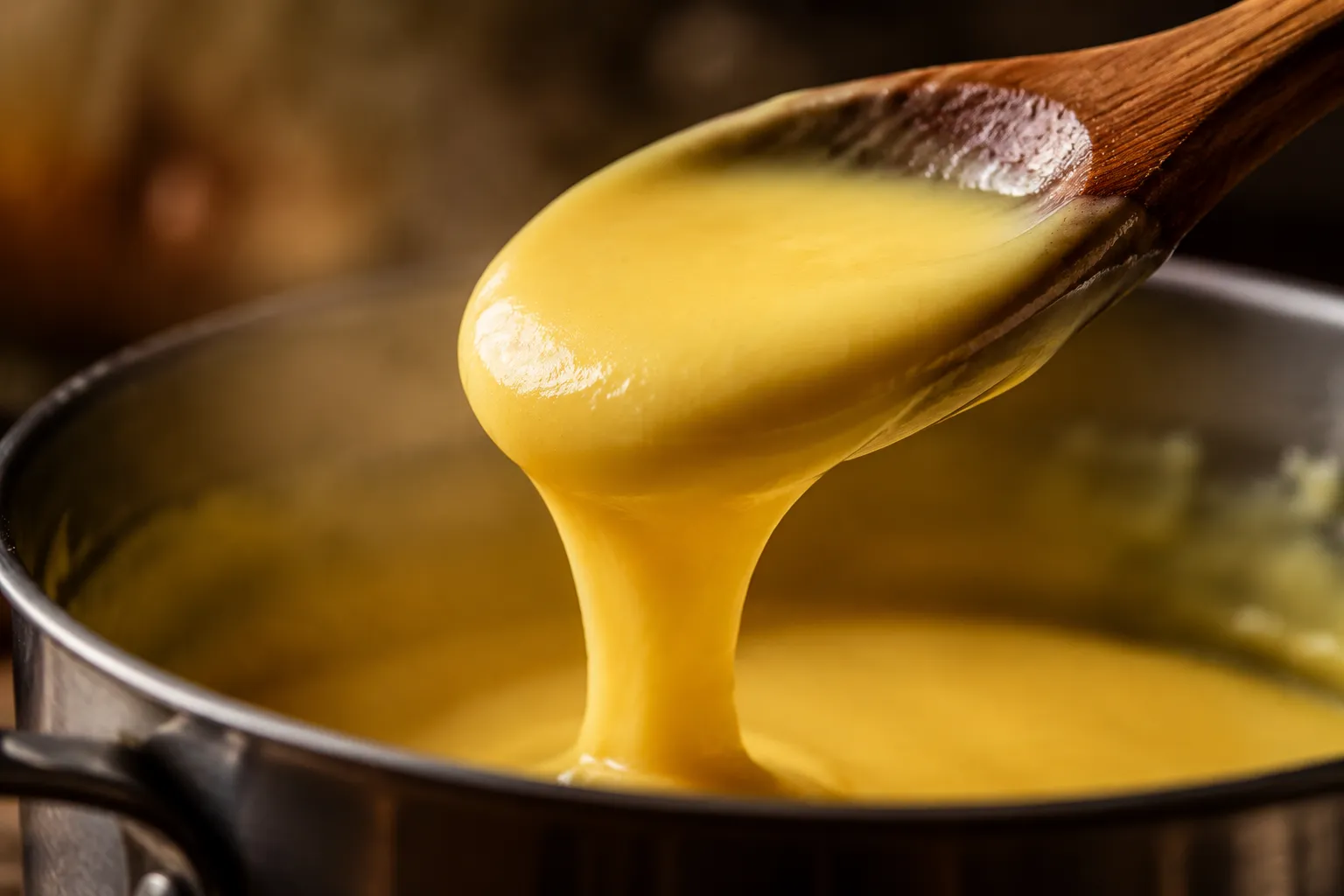 Thickened homemade pudding coating a wooden spoon