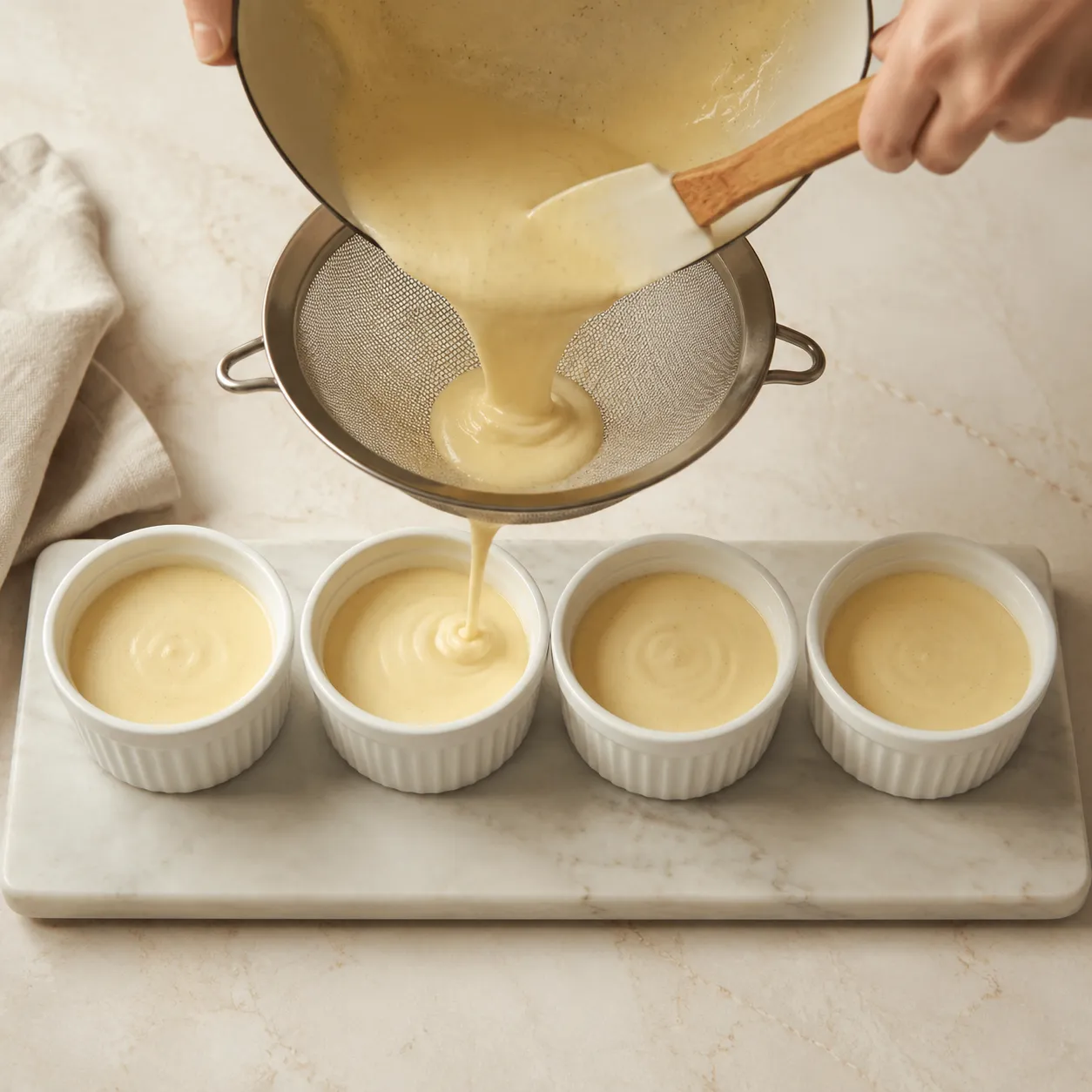 Straining homemade vanilla pudding into ramekins
