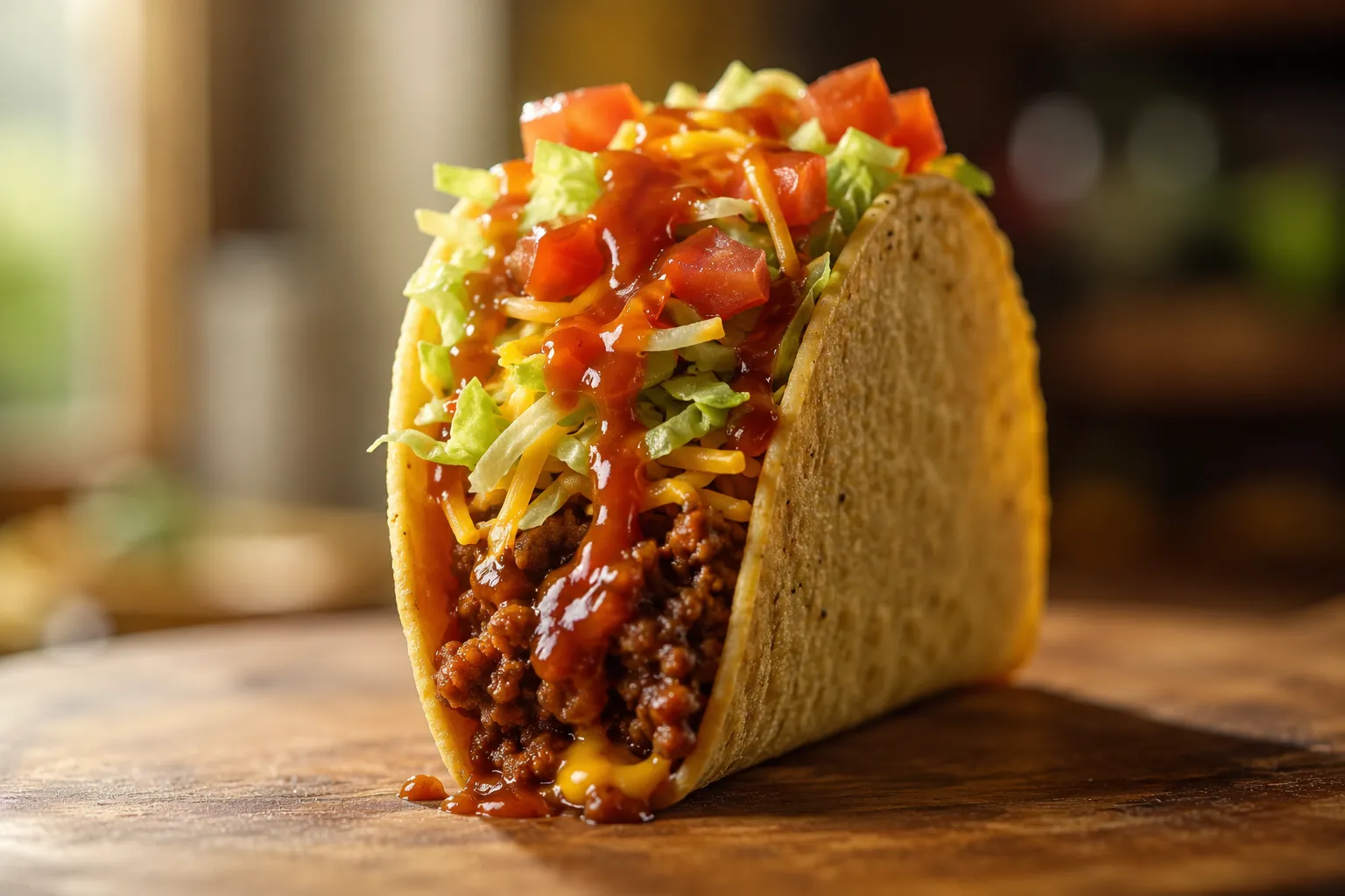 Finished taco meat recipe served in a crispy hard shell with toppings.