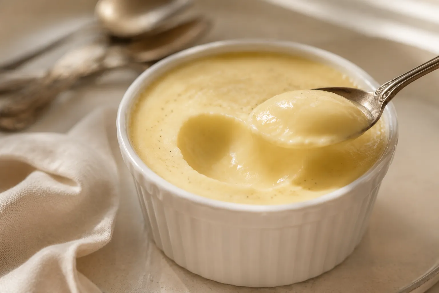 Creamy homemade vanilla pudding with a spoon showing silky texture
