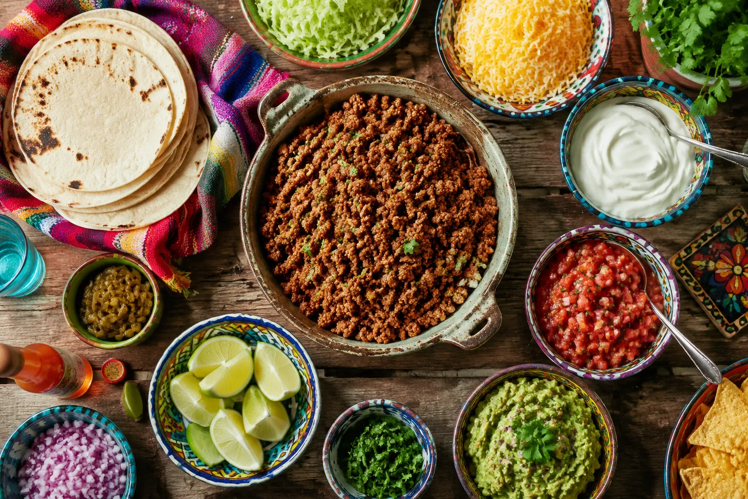 Taco bar with taco meat, tortillas, and toppings for a family taco night.