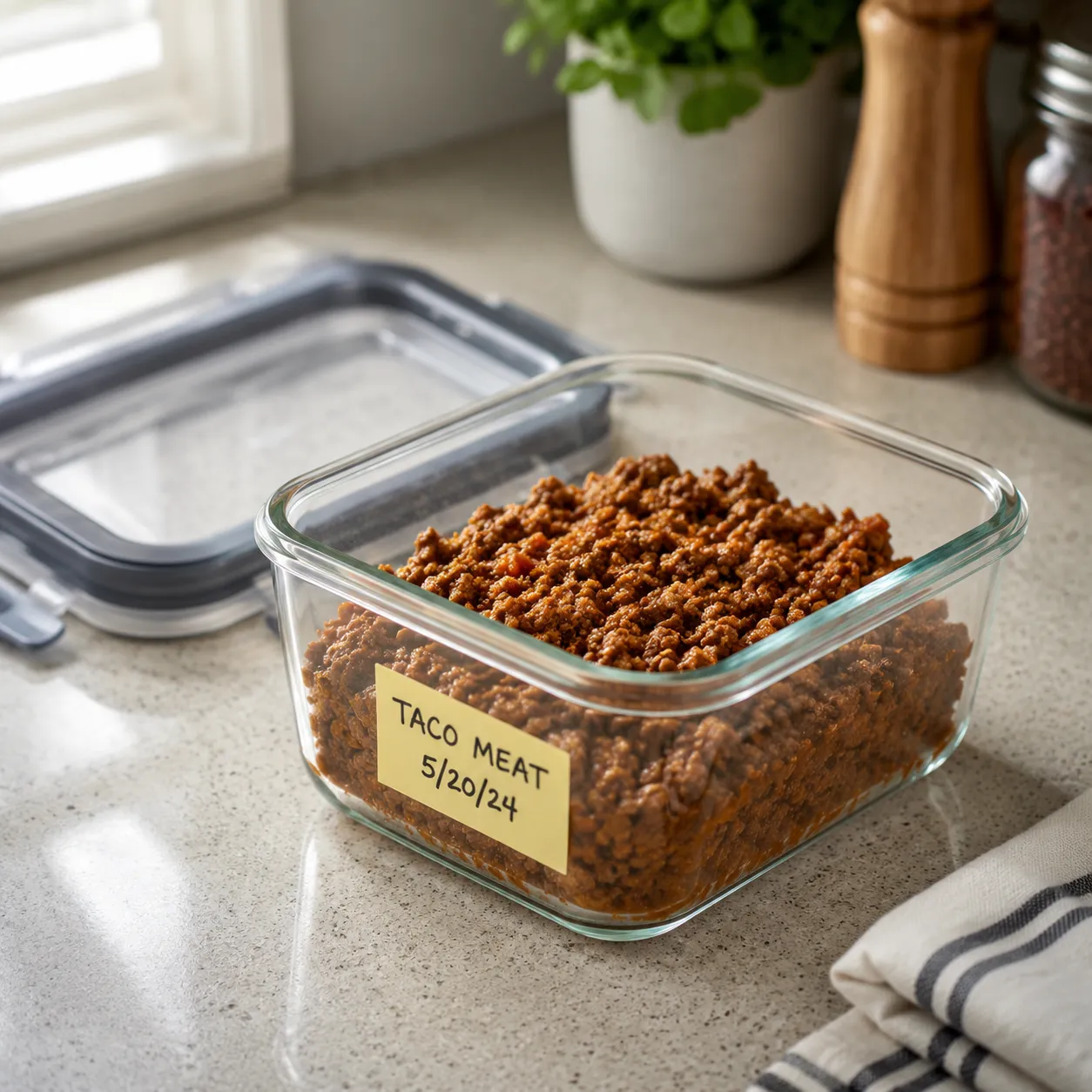 Leftover taco meat stored in a glass container for meal prep.