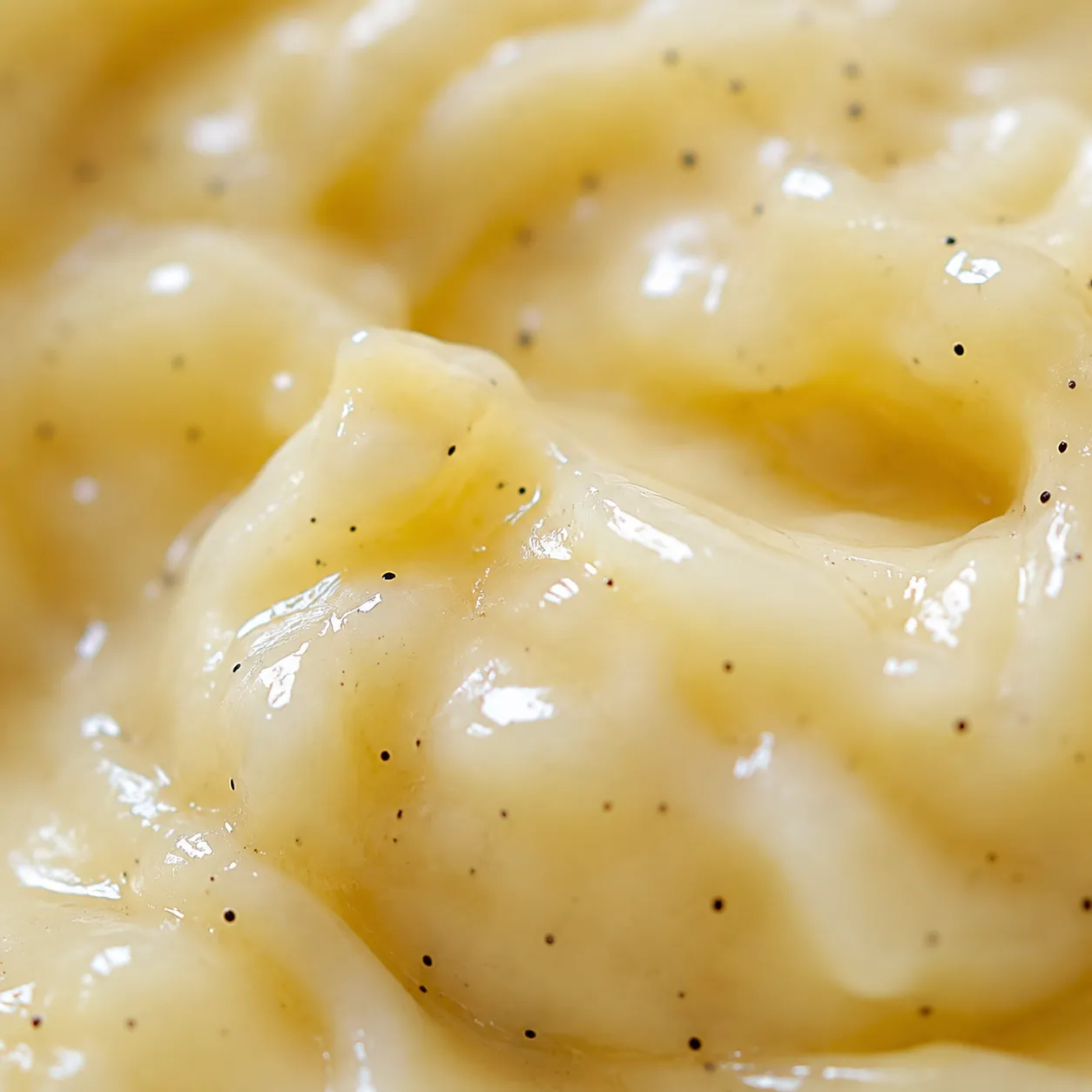 Macro close-up of vanilla bean specks in homemade pudding