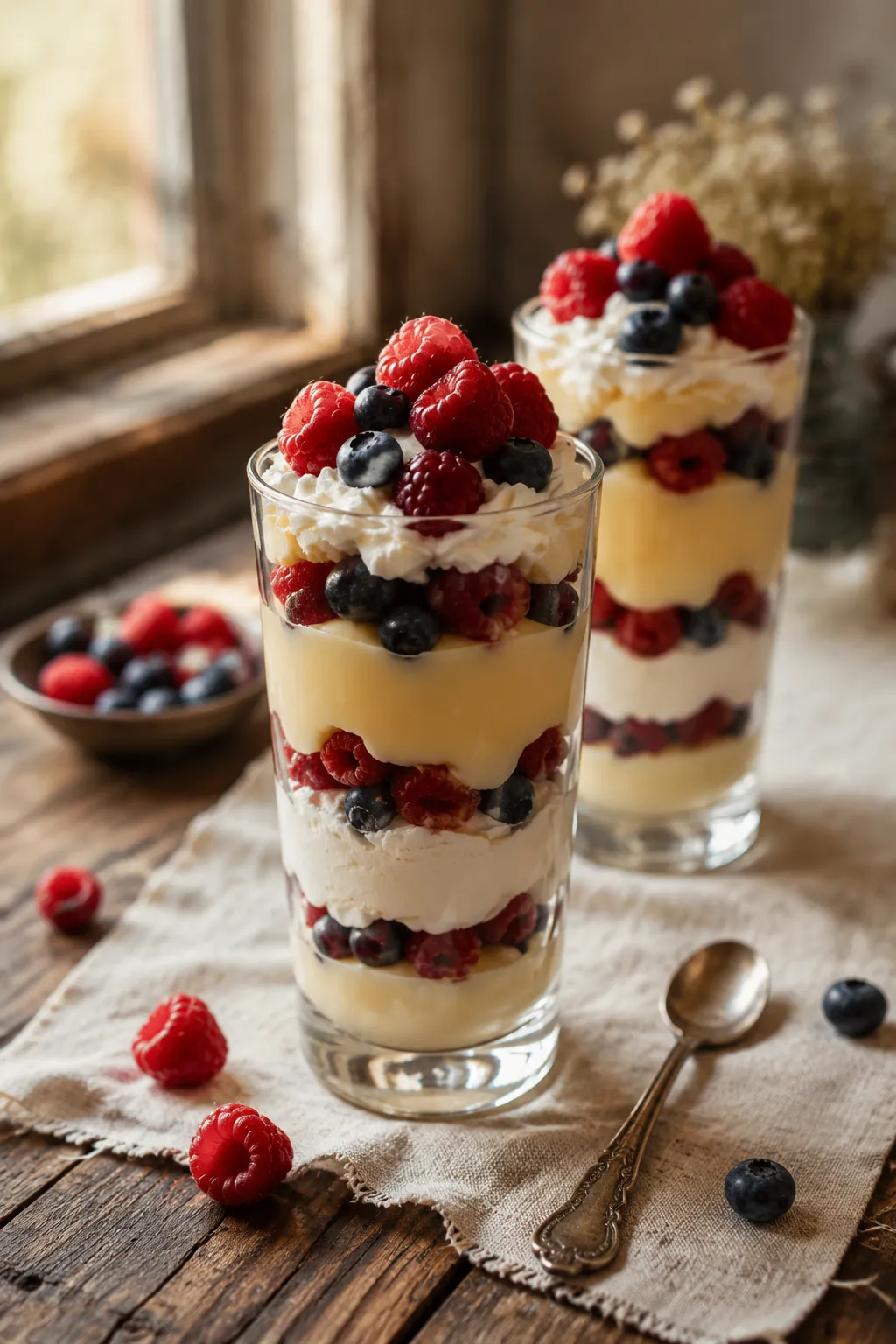 Vanilla pudding parfaits layered with whipped cream and fresh berries