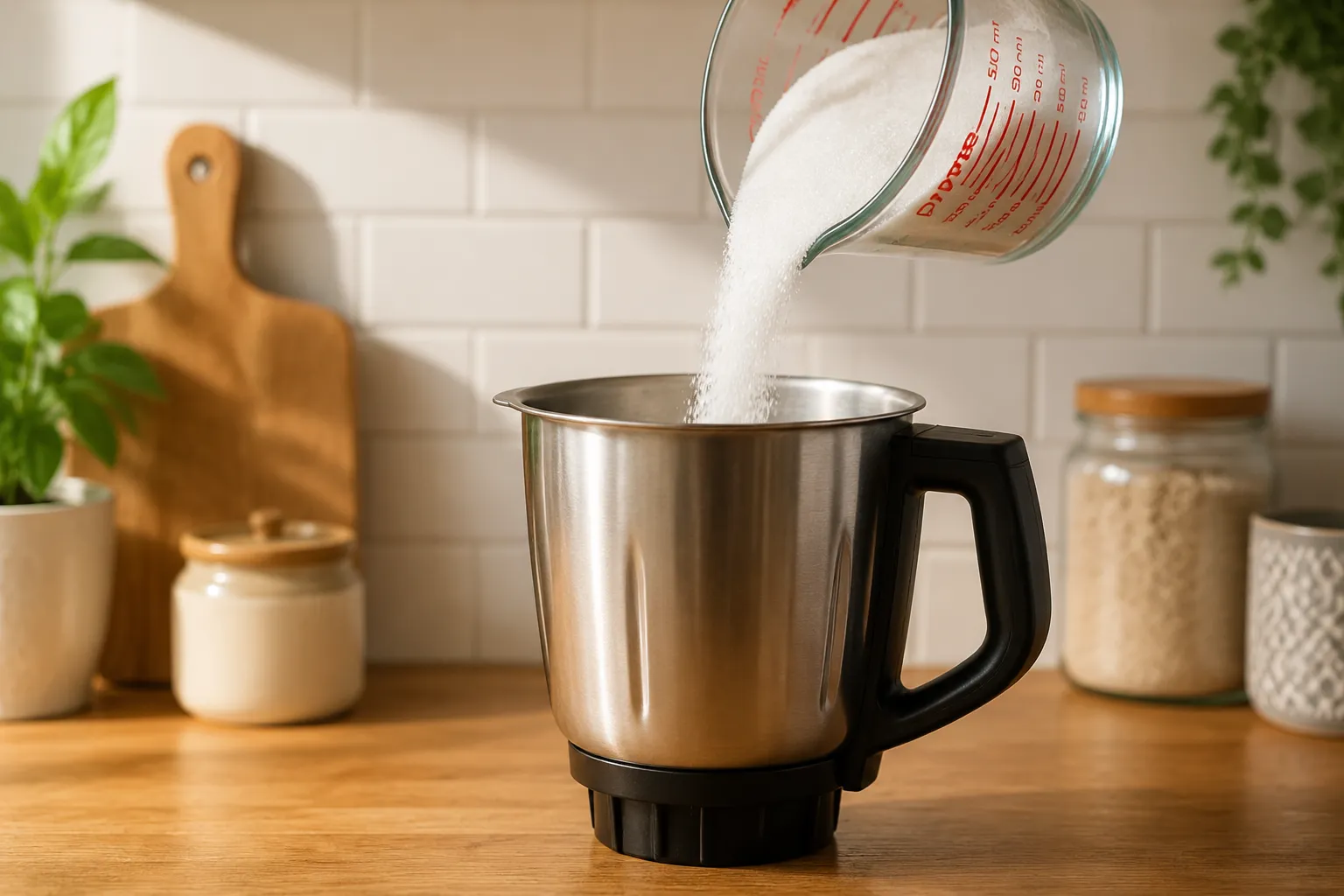 Pouring granulated sugar into a blender to make homemade caster sugar