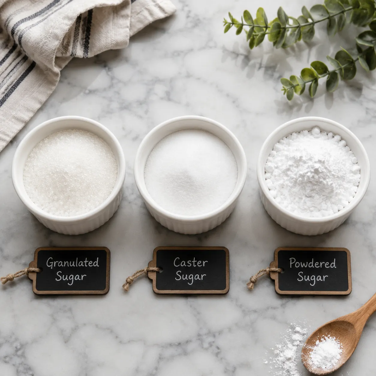 Caster sugar compared to granulated and powdered sugar in three white ramekins