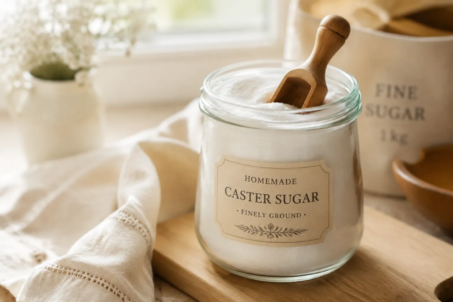 Finished homemade caster sugar stored in a glass jar with wooden scoop