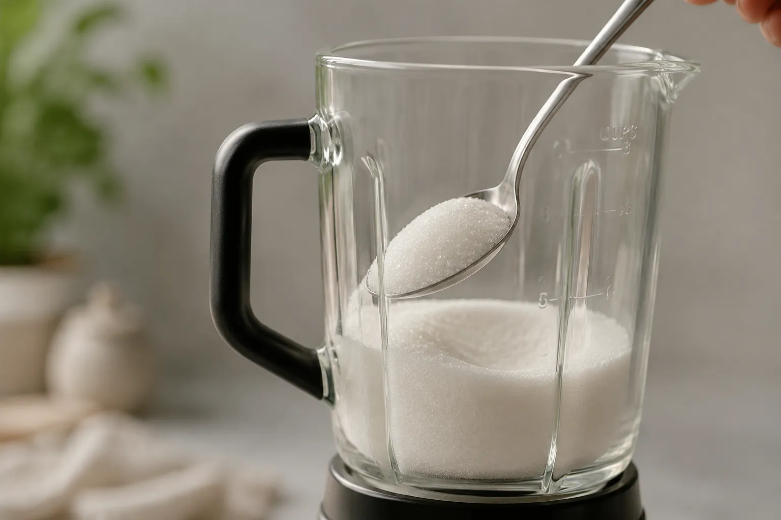 Spoon scooping freshly made caster sugar from blender showing fine texture