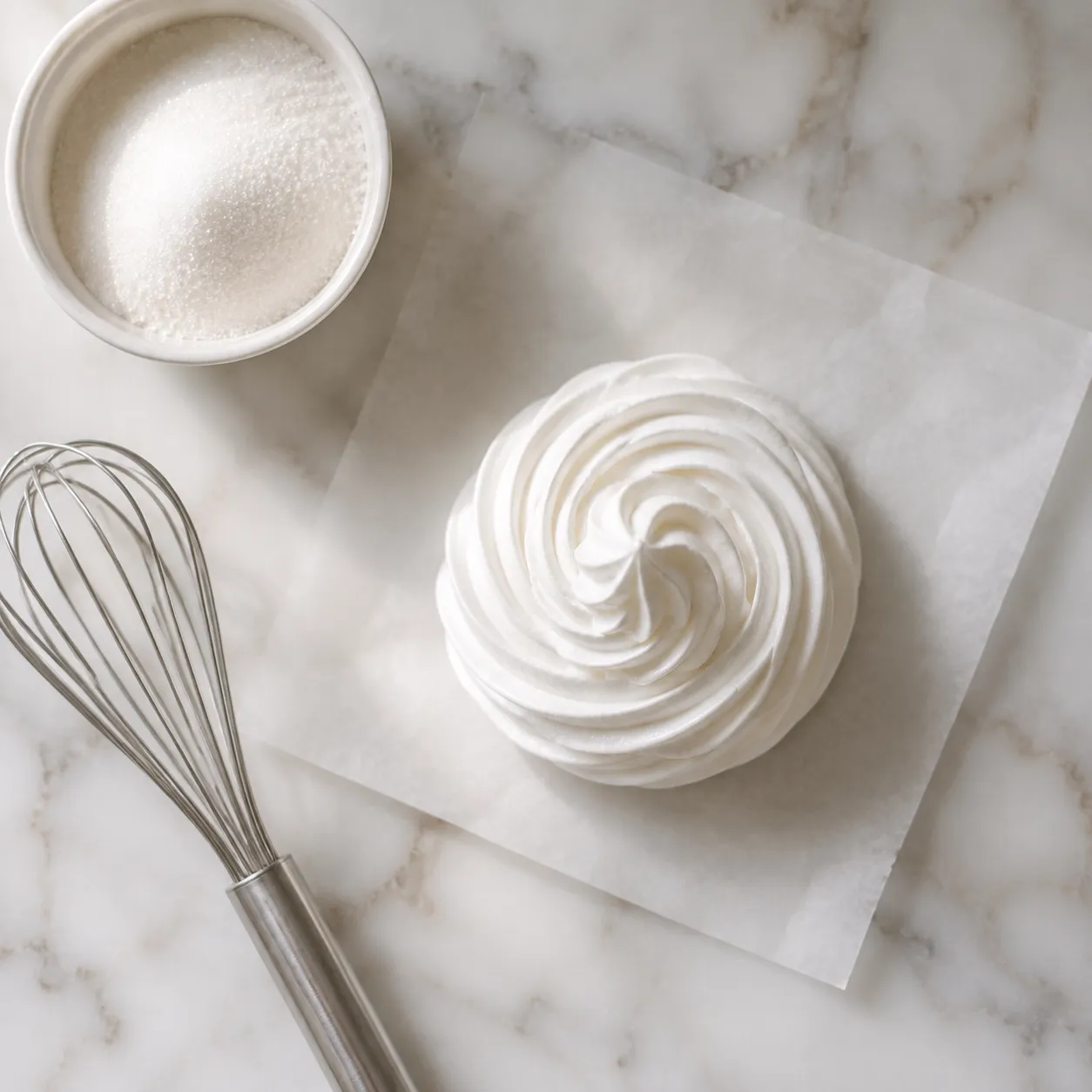 Glossy meringue made with caster sugar beside a bowl of fine sugar crystals