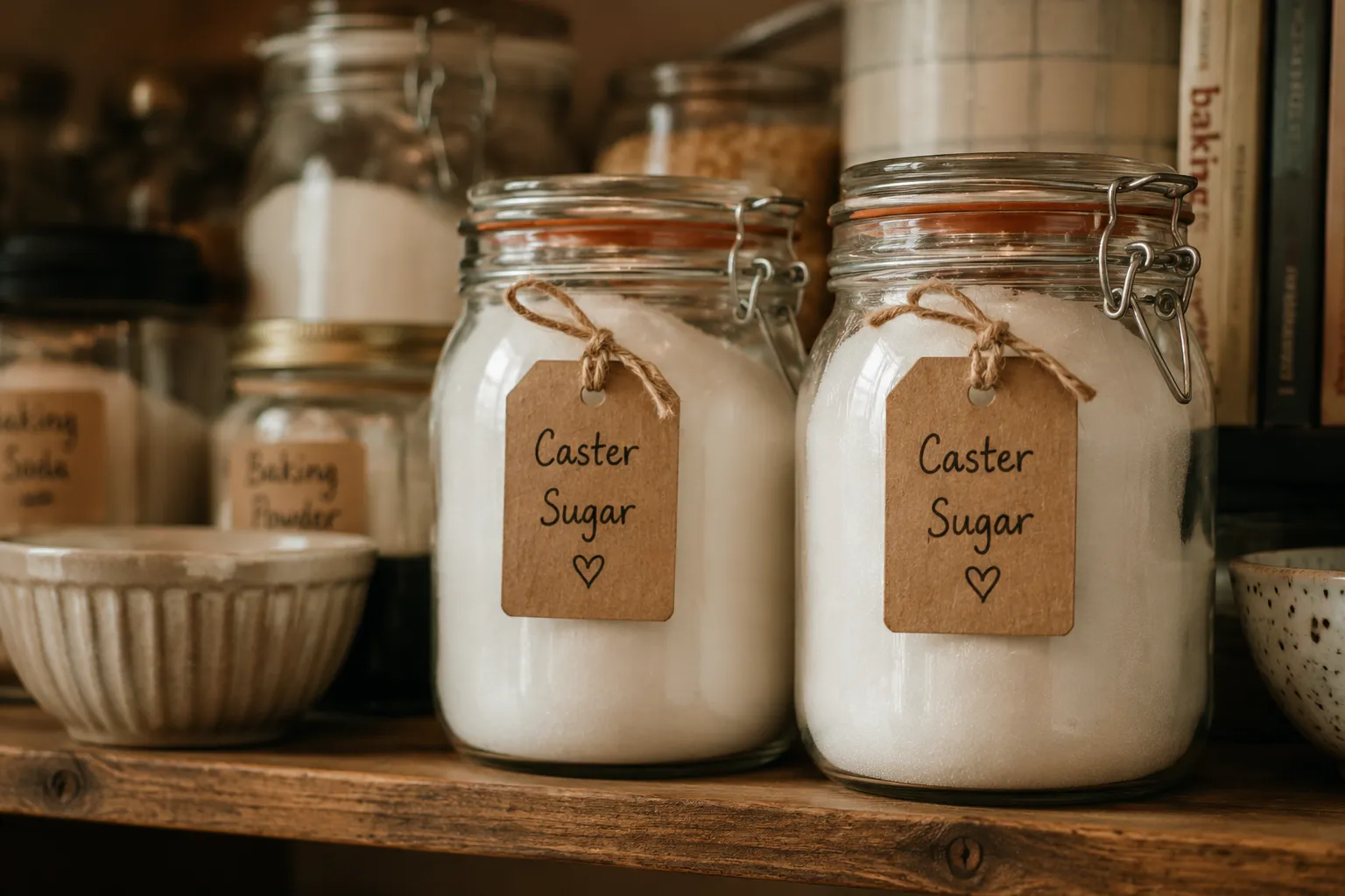 Caster sugar stored in airtight glass jars with handwritten labels on pantry shelf