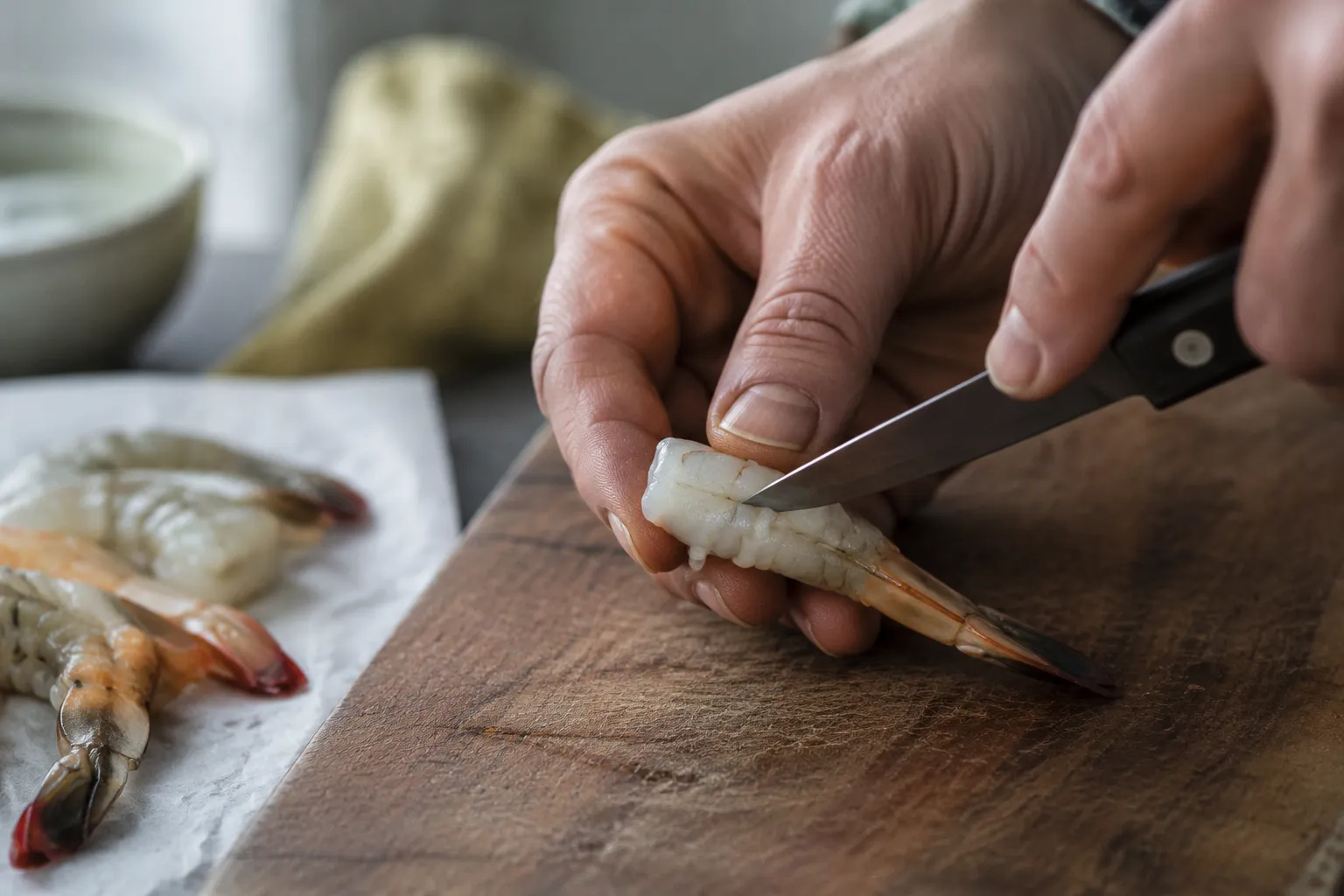 Scoring shrimp belly to keep shrimp tempura straight when frying
