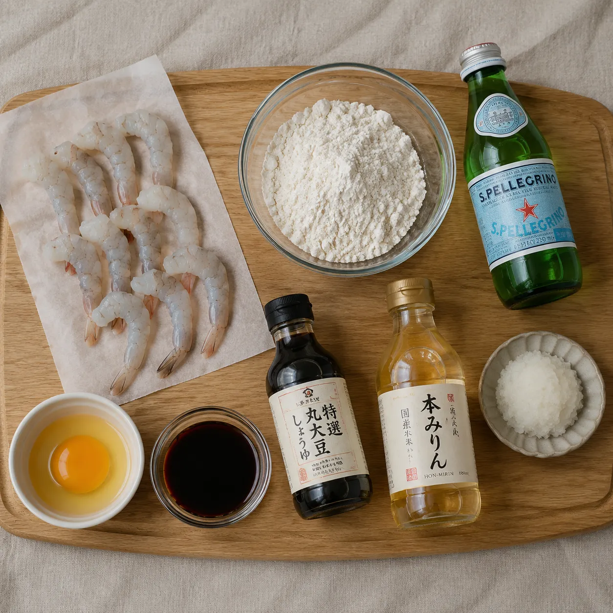Shrimp tempura ingredients flat lay with shrimp, flour, egg, and sparkling water