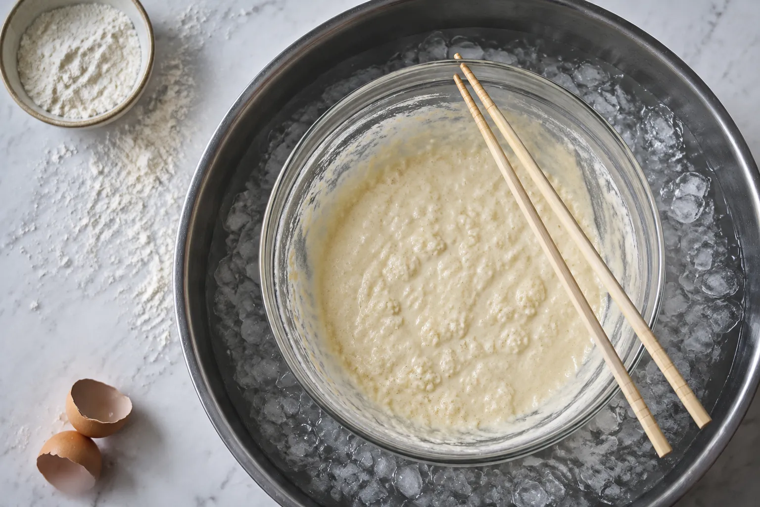 Ice-cold lumpy tempura batter in a glass bowl set over an ice bath