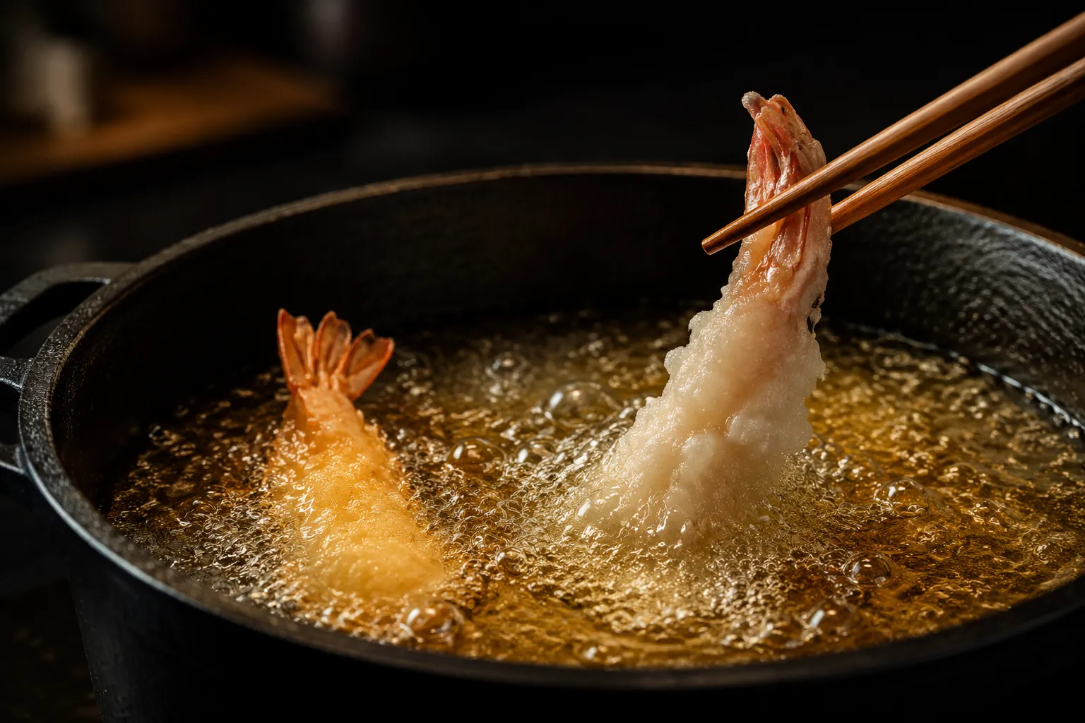 Frying shrimp tempura in hot oil until golden and crispy