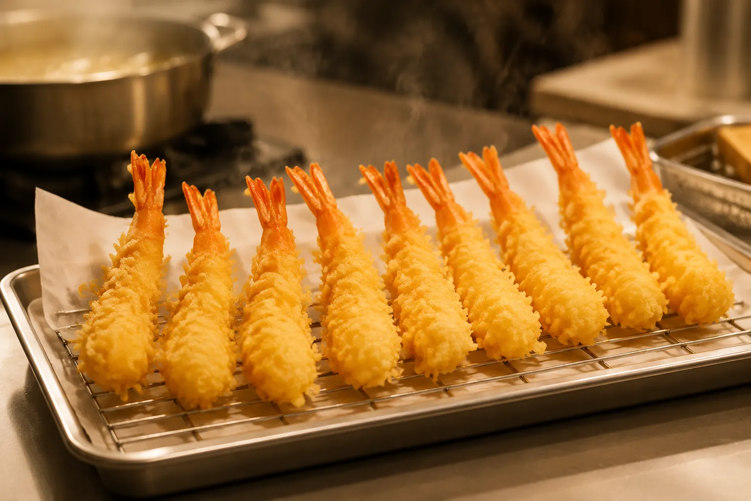 Golden crispy shrimp tempura draining on a wire rack after frying