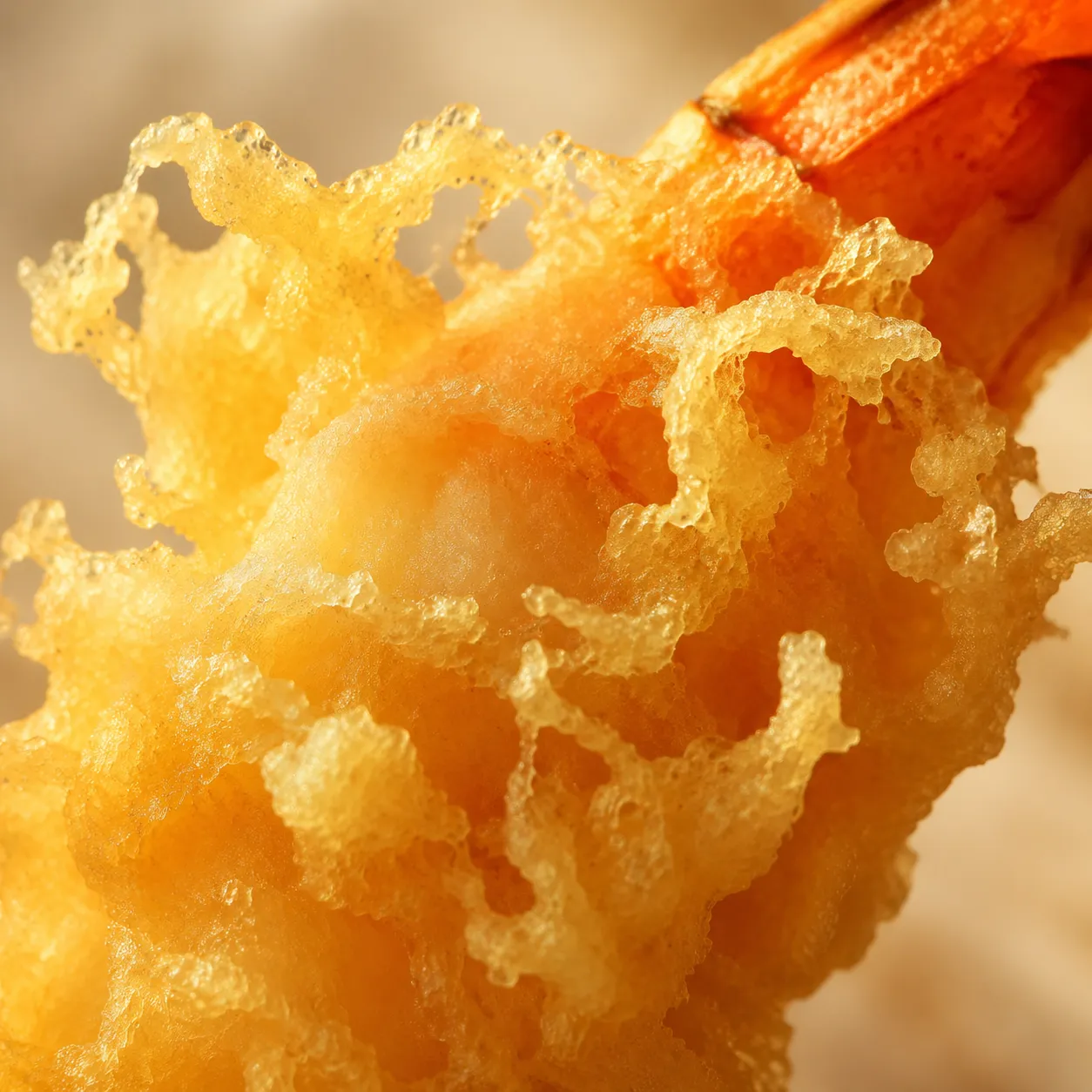 Macro close-up of crispy lacy shrimp tempura batter texture