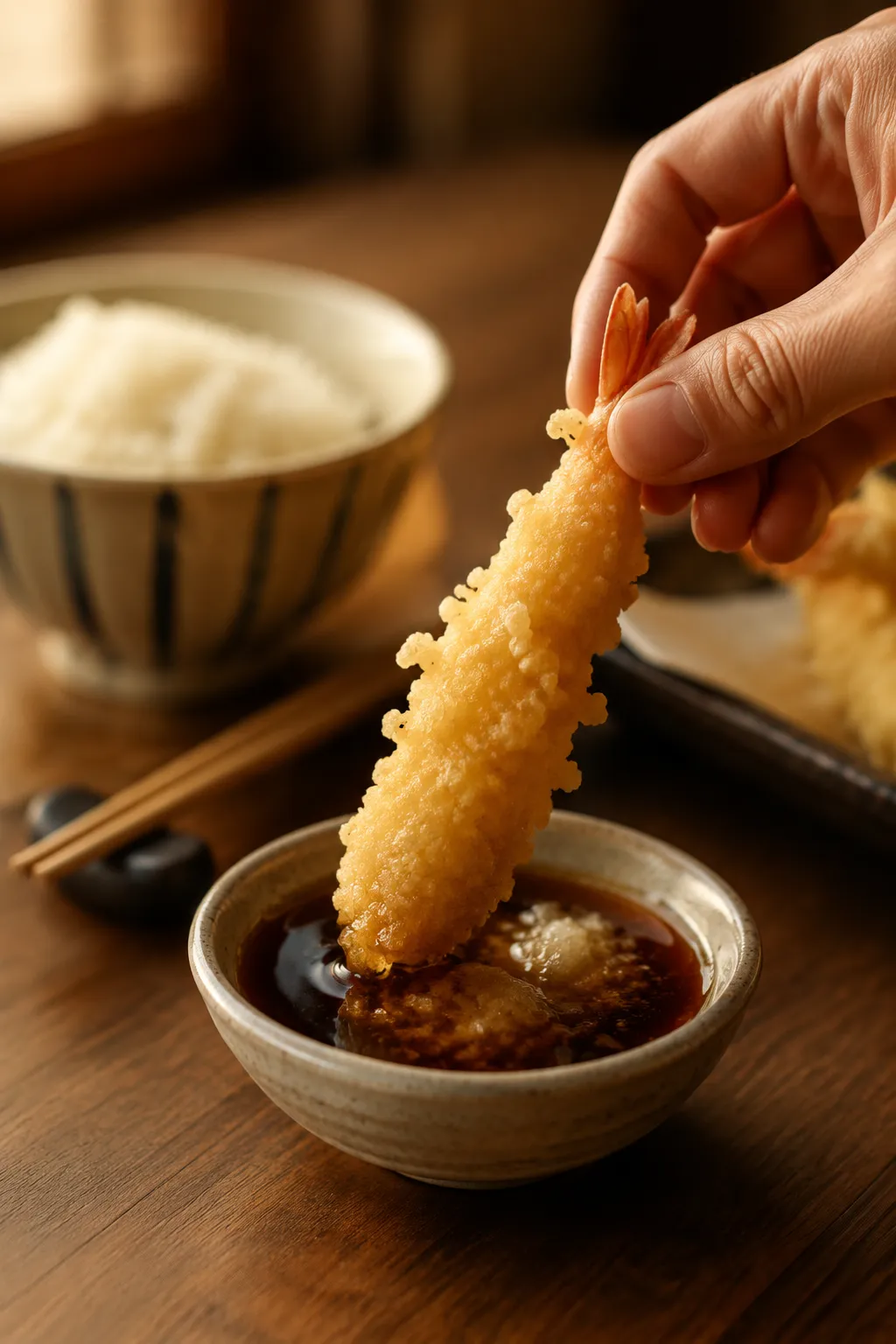 Dipping shrimp tempura into tentsuyu sauce with grated daikon