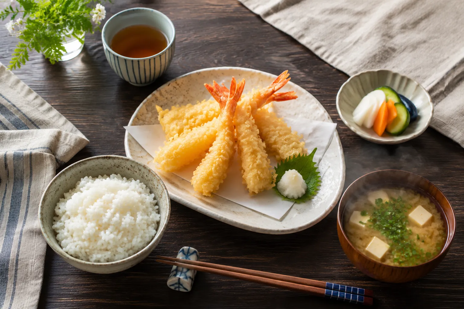 Shrimp tempura served Japanese-style with rice, miso soup, and pickles