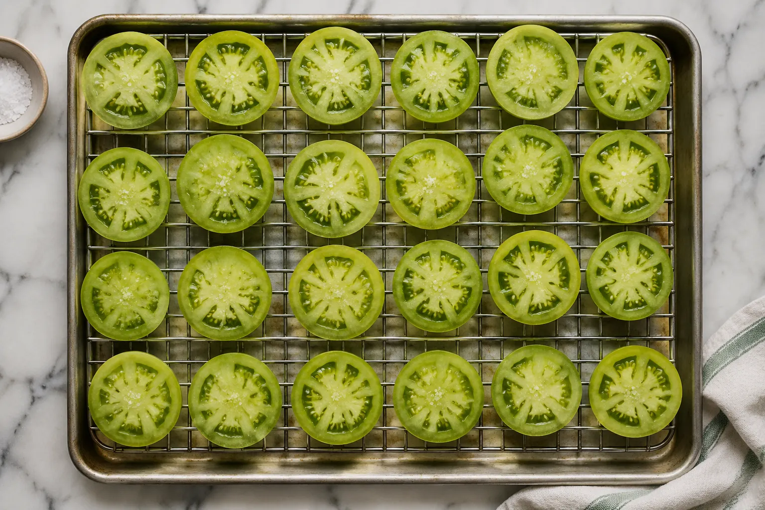 Sliced and salted green tomatoes draining for fried green tomato recipe