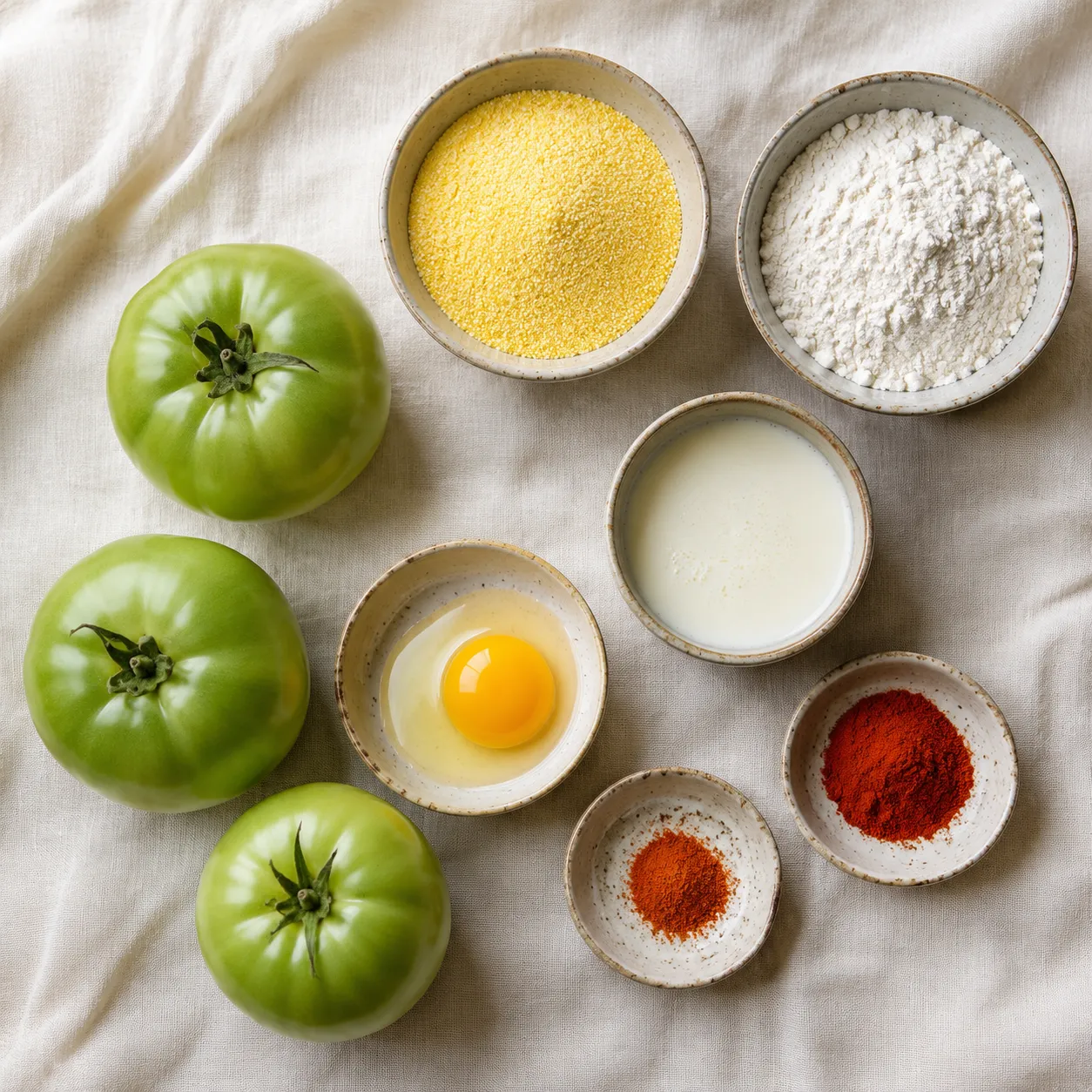 Fried green tomatoes recipe ingredients flatlay with cornmeal and buttermilk
