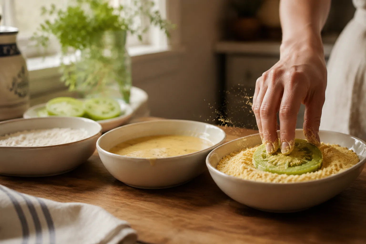 Breading green tomato slices in cornmeal for crispy Southern recipe