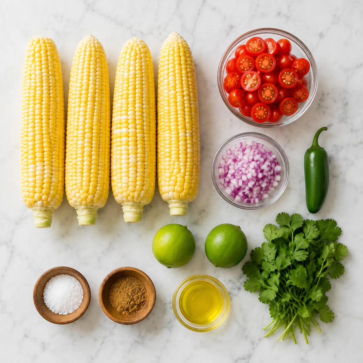 Corn salsa ingredients flatlay with sweet corn, tomato, jalapeño, and lime