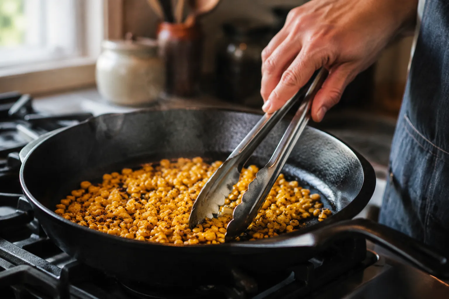 Charring fresh corn in cast iron skillet for corn salsa recipe
