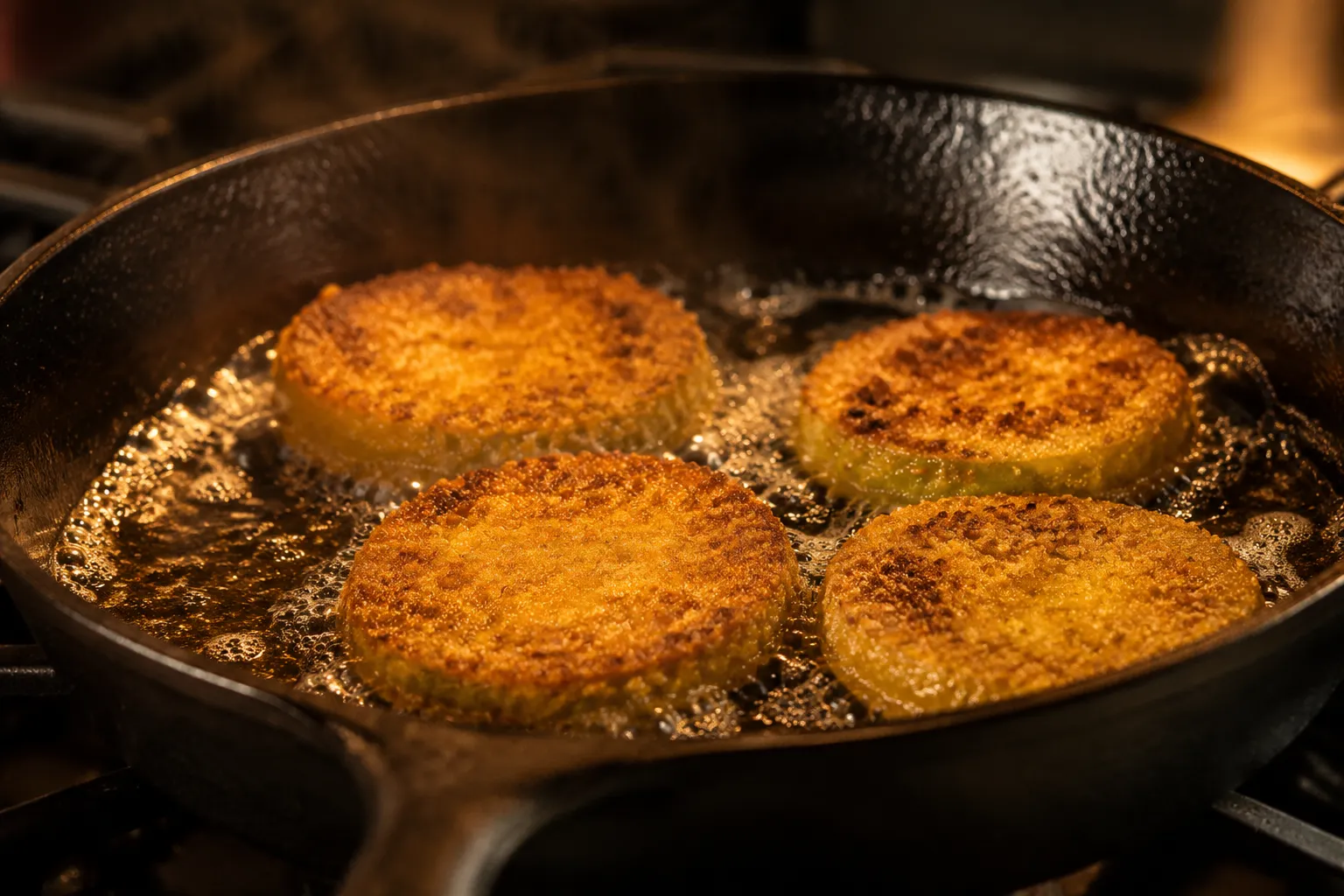 Frying green tomatoes in cast iron skillet until golden and crispy