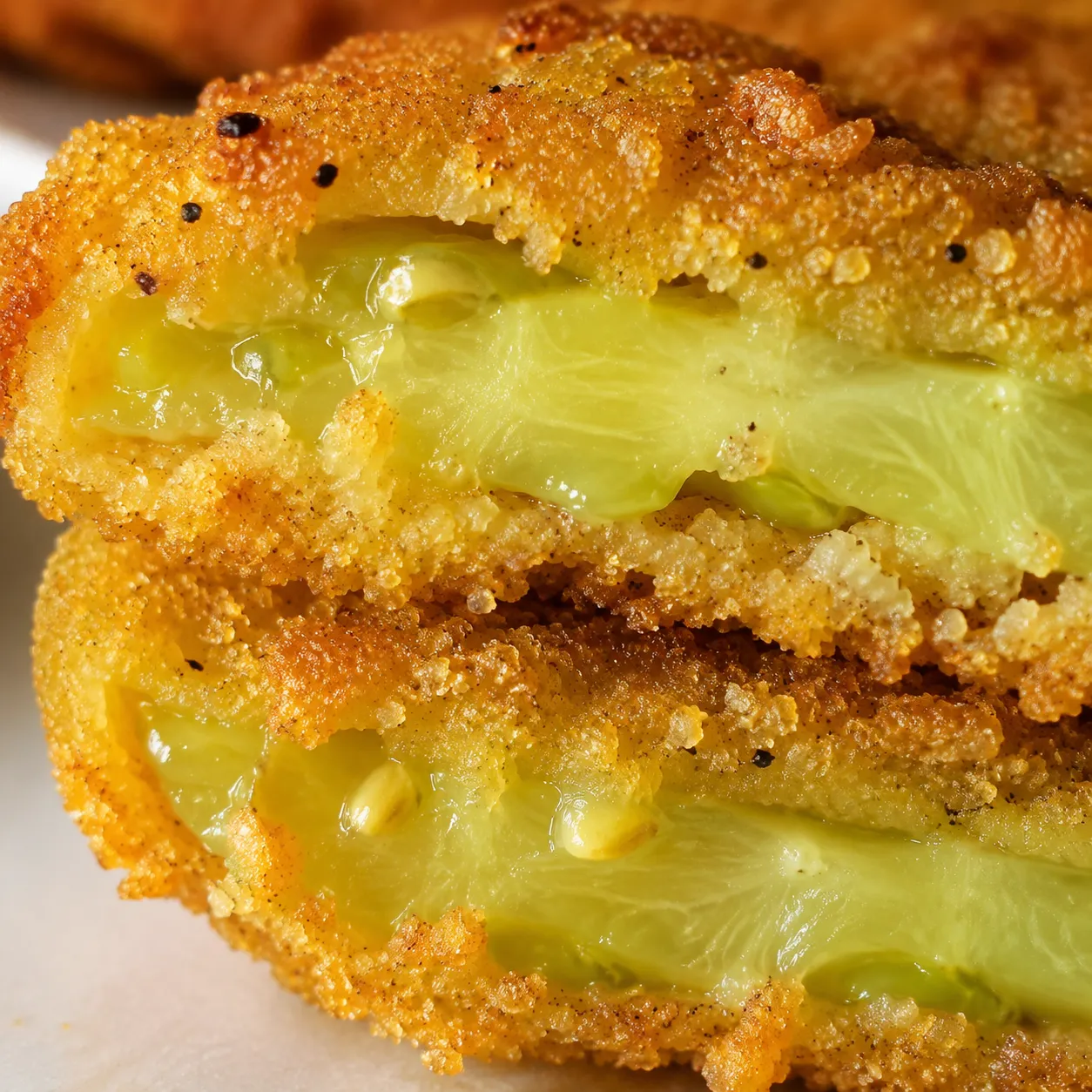 Macro close-up of crispy fried green tomato showing cornmeal crust texture