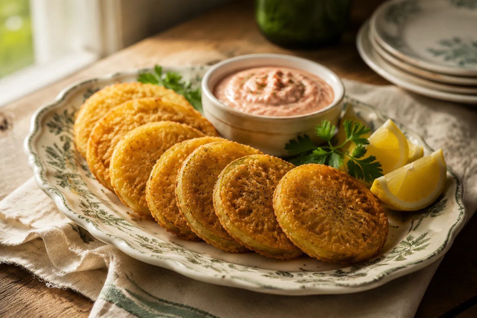 Plated fried green tomatoes recipe with remoulade dipping sauce