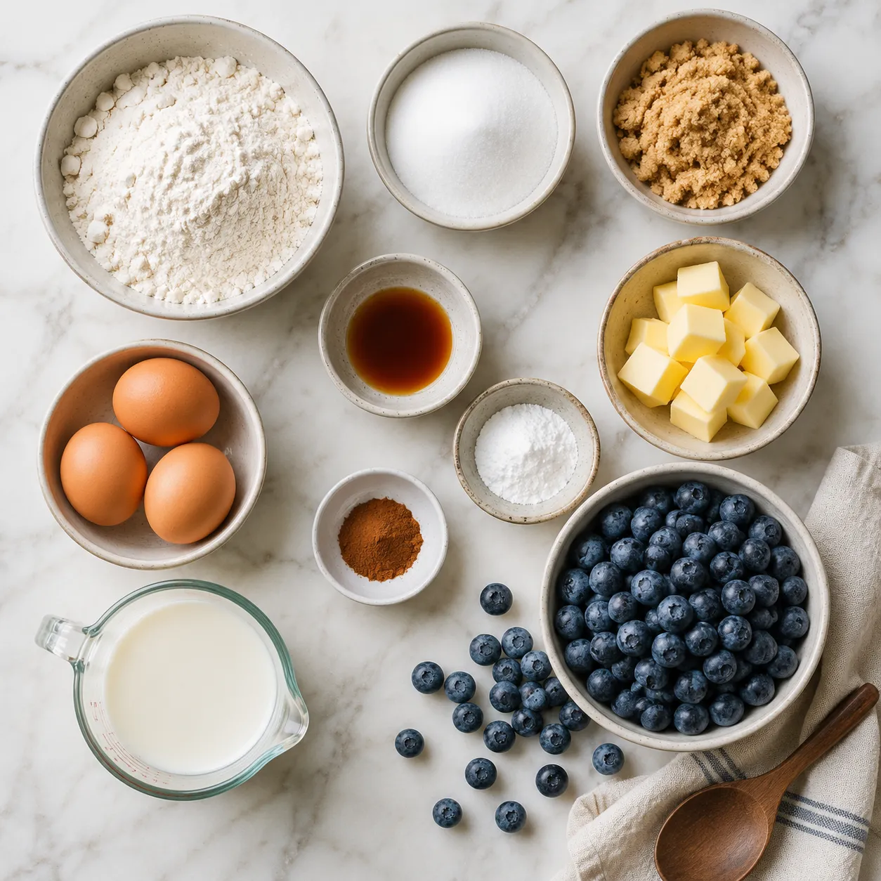 Ingredients for easy blueberry recipes flatlay with fresh blueberries, flour, butter and sugar