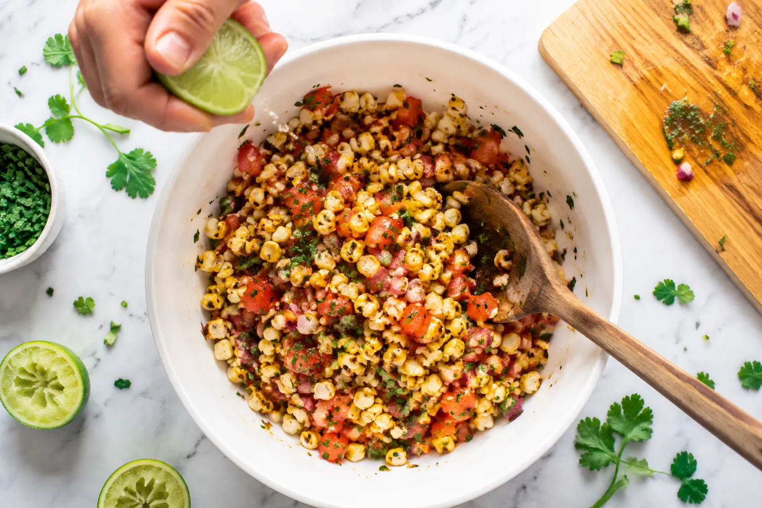 Mixing corn salsa with lime juice in a white bowl